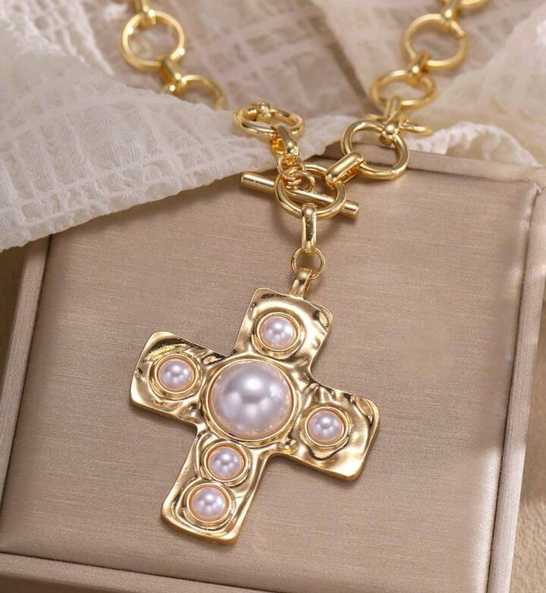 Pearl Accent Chunky Cross Necklace