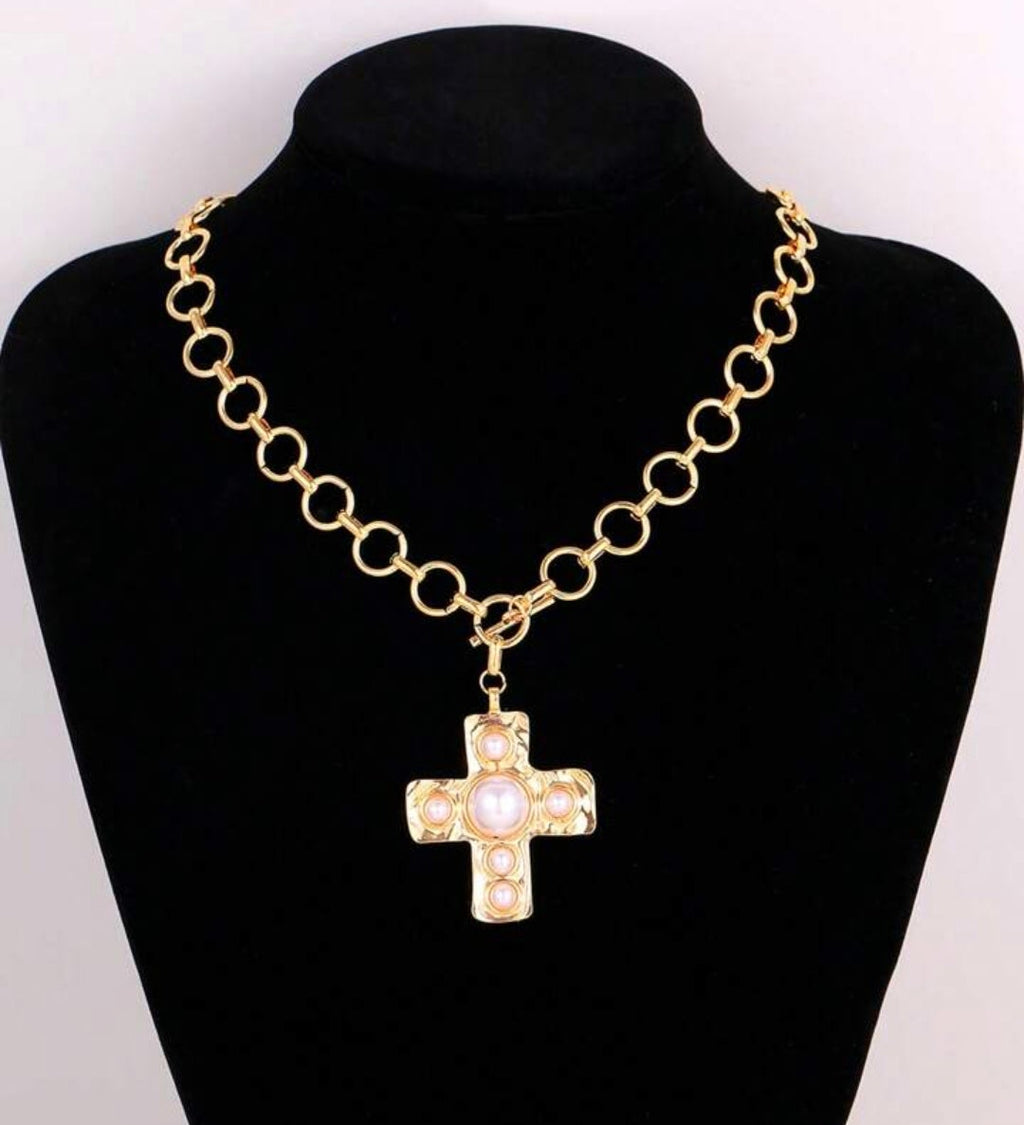 Pearl Accent Chunky Cross Necklace