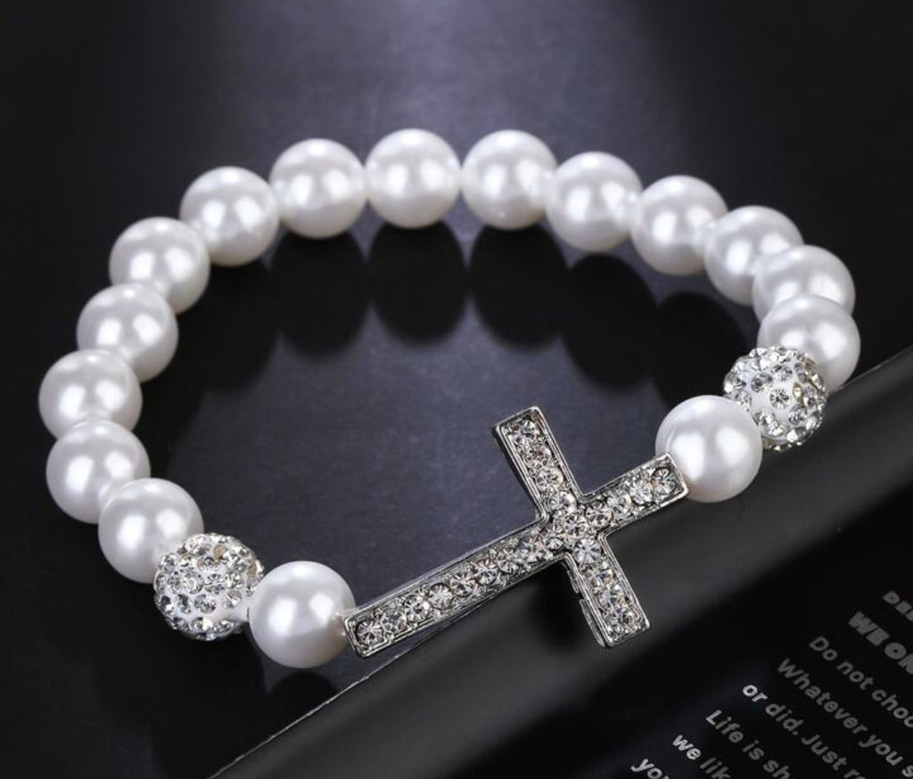 Pearl and Bling Accent Cross Bracelet