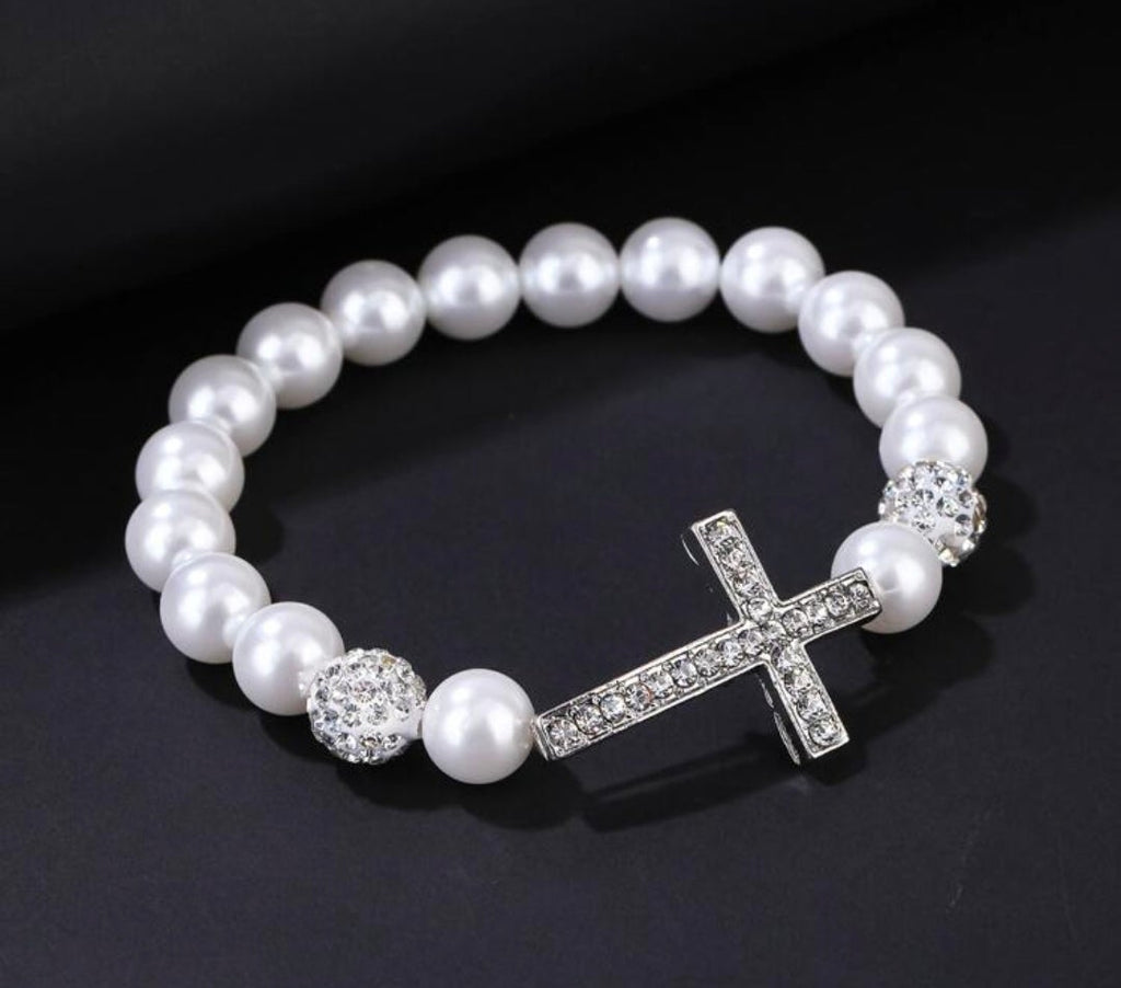 Pearl and Bling Accent Cross Bracelet