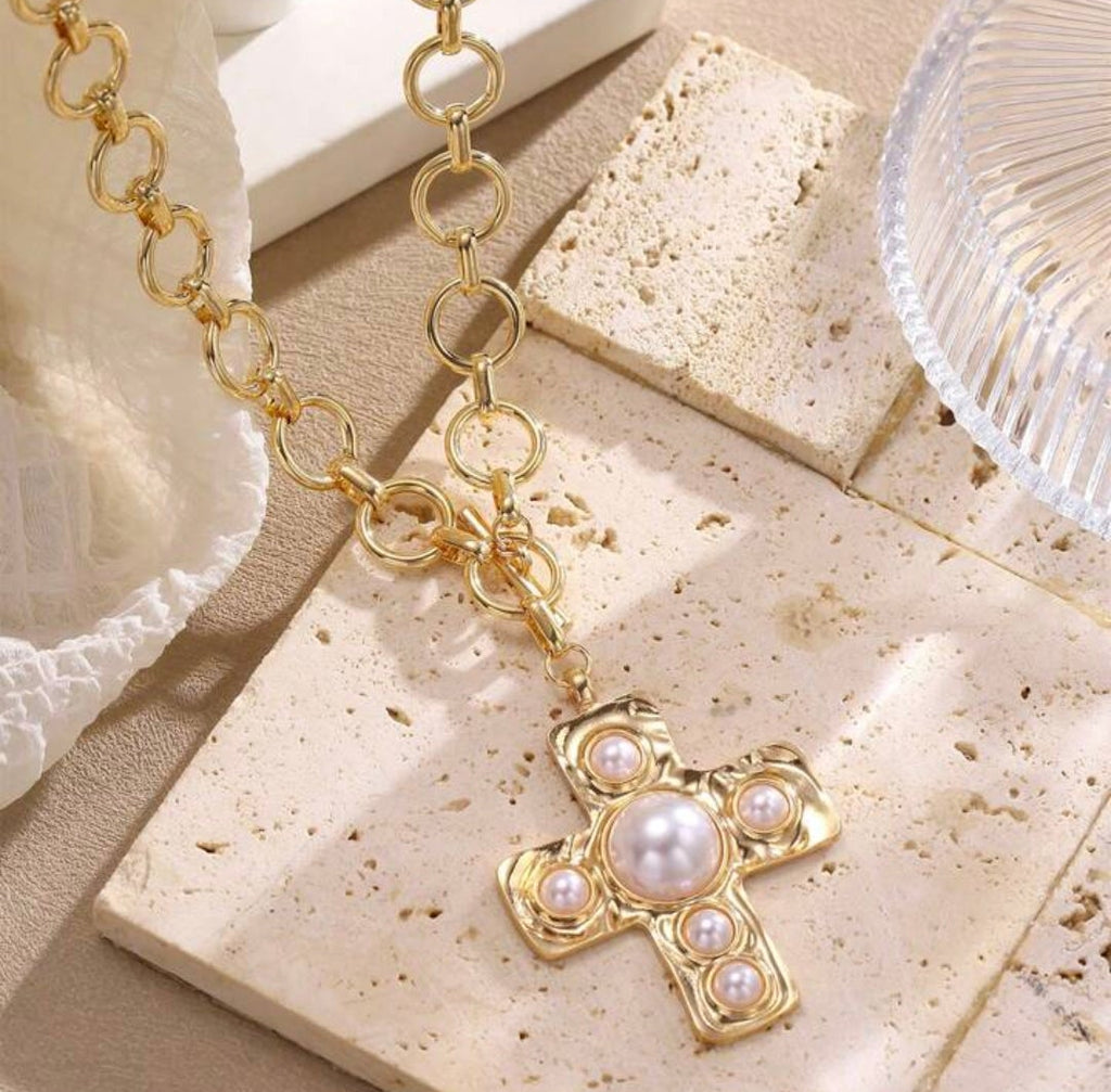 Pearl Accent Chunky Cross Necklace