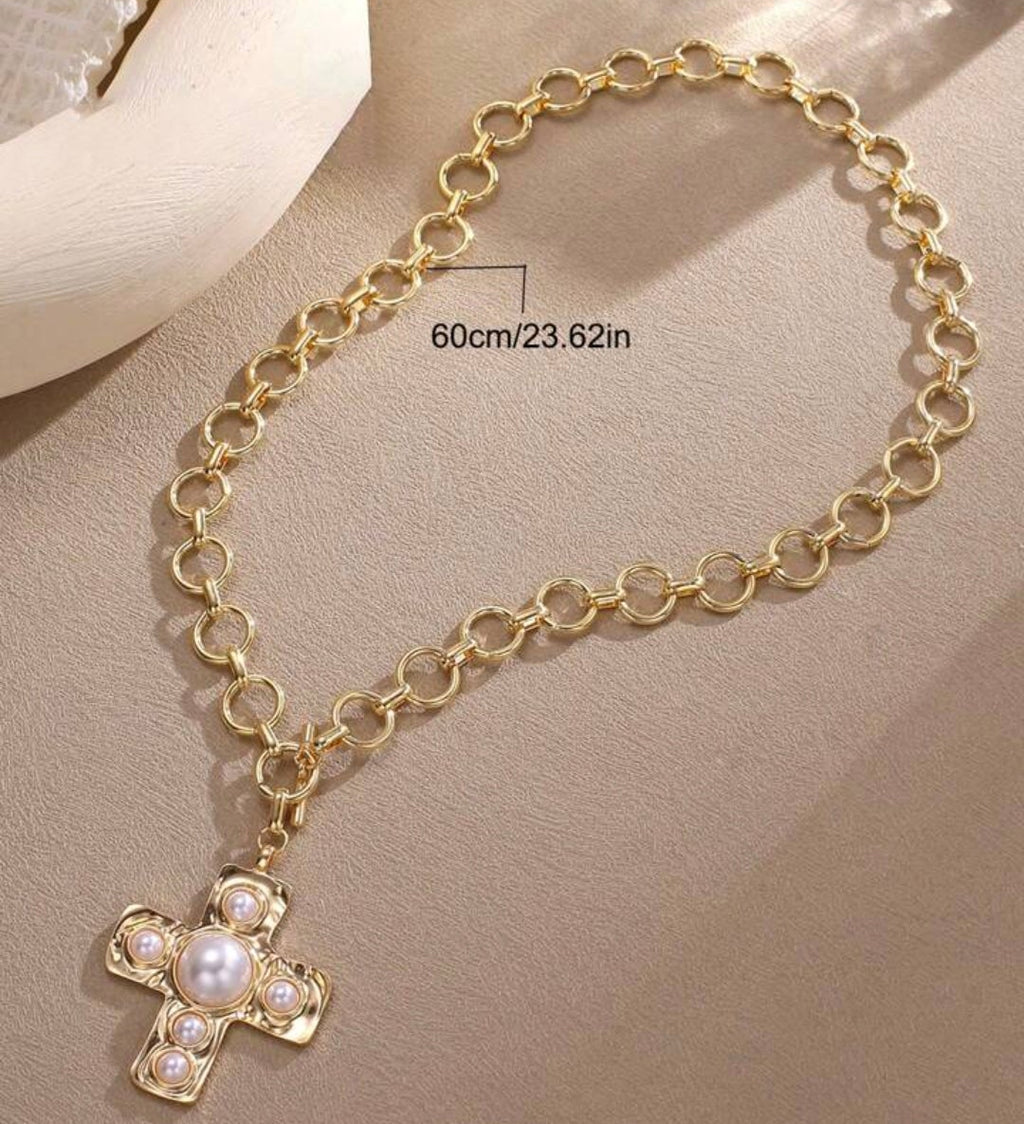 Pearl Accent Chunky Cross Necklace