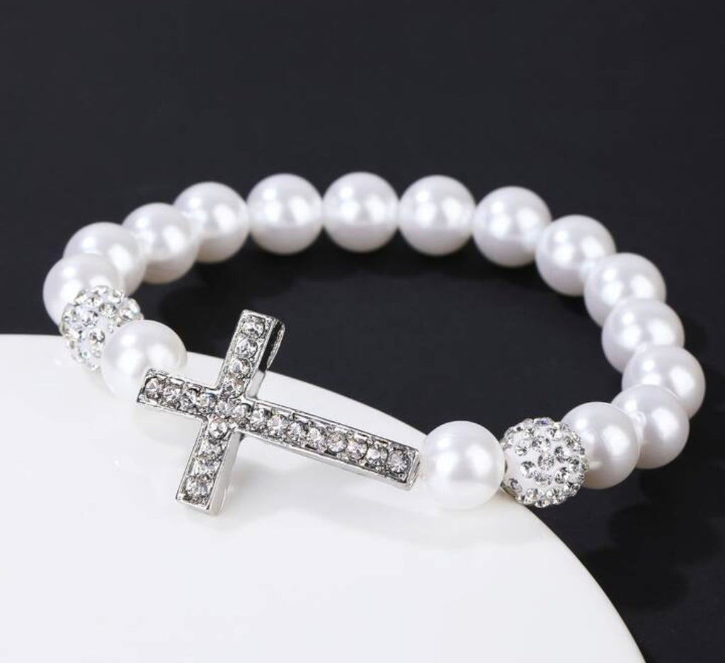 Pearl and Bling Accent Cross Bracelet