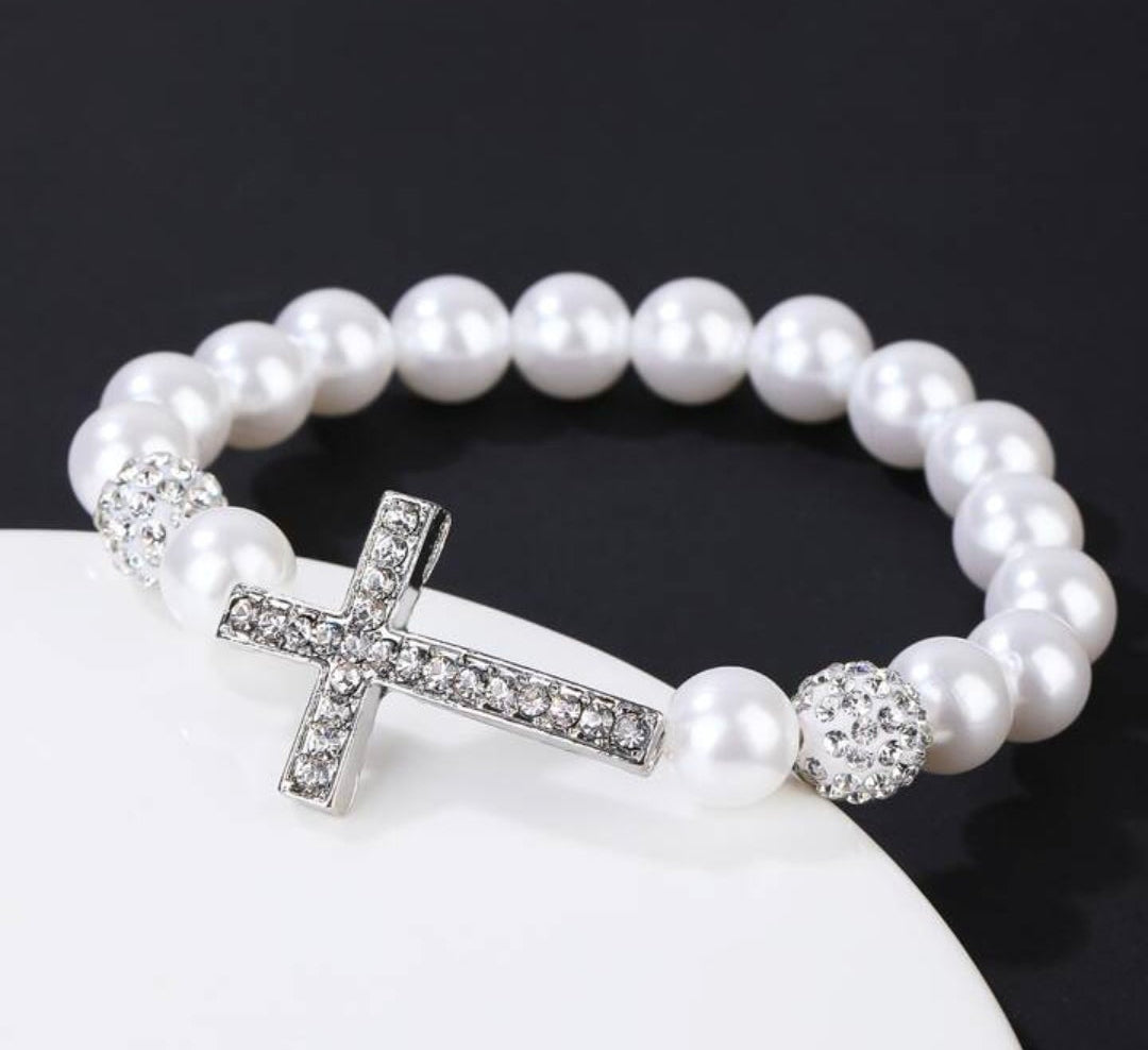 Pearl and Bling Accent Cross Bracelet